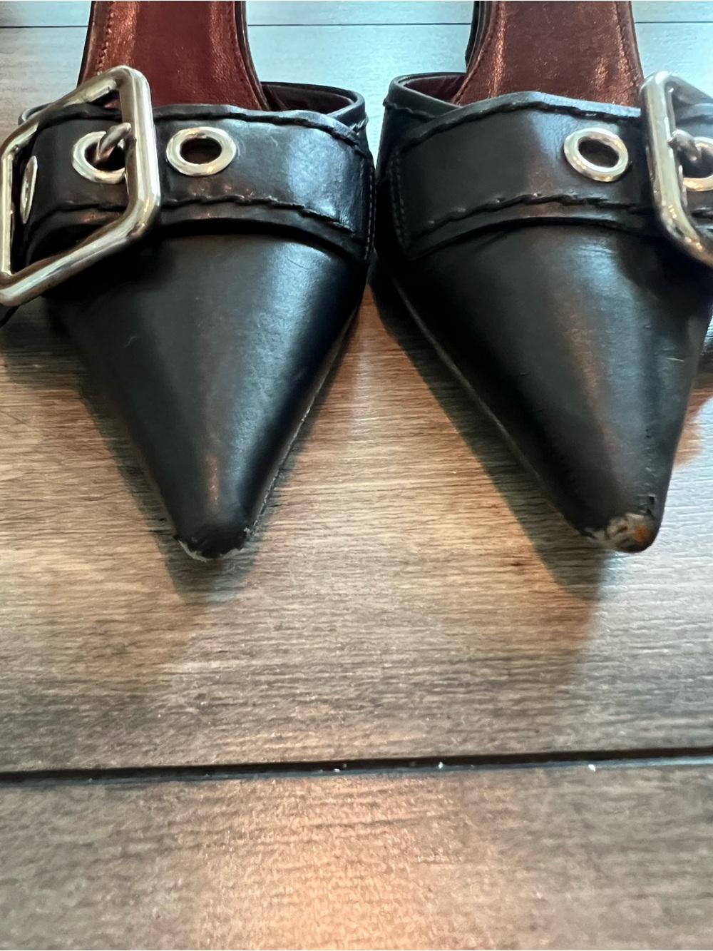 Vintage PRADA Black Leather Buckle D'Orsay Pumps Pointed Toe Kitten Heel 36 - Picture 3 of 8
